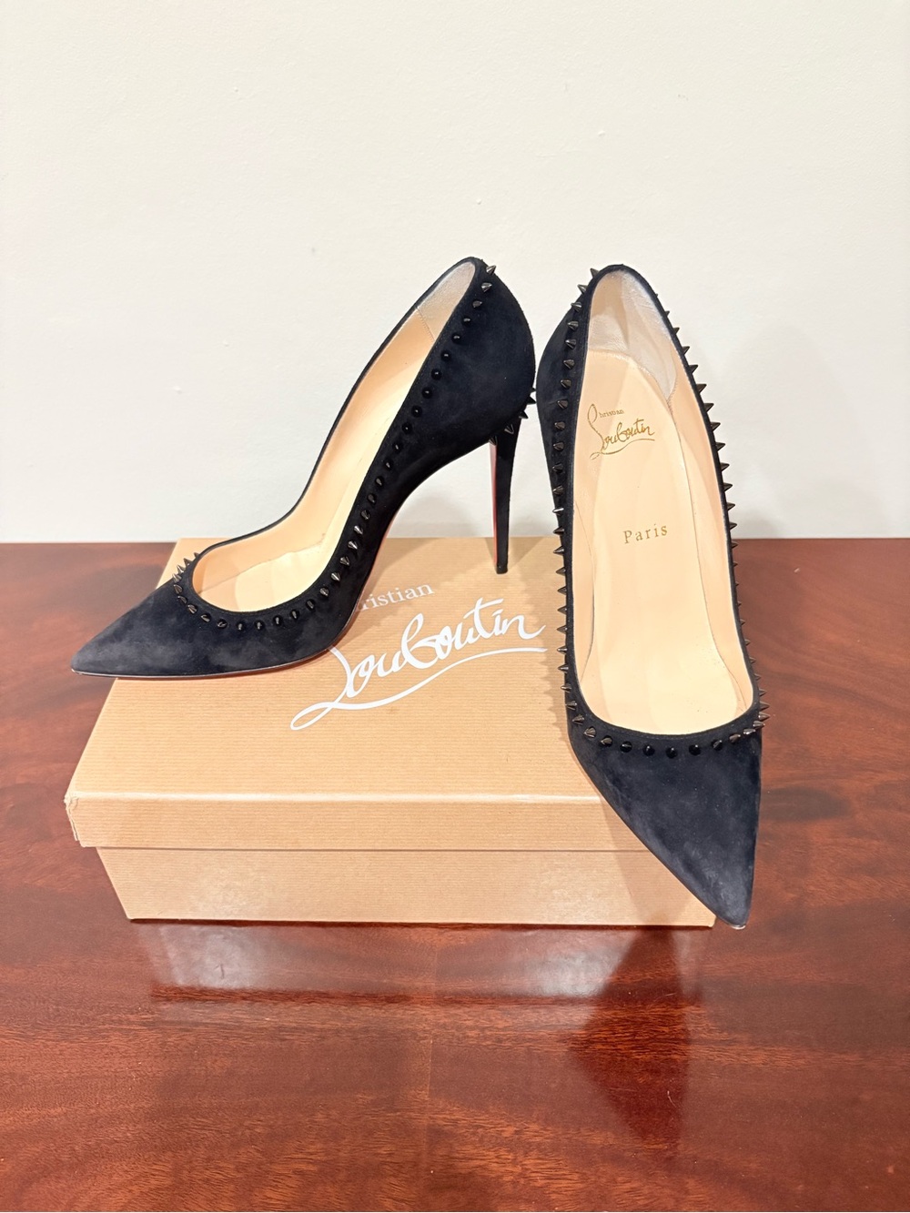 Christian Louboutin Black Suede Pointed Spike-Trim Pumps 39